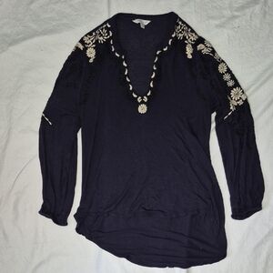 Lucky Brand Navy Top with Cream Embroidery